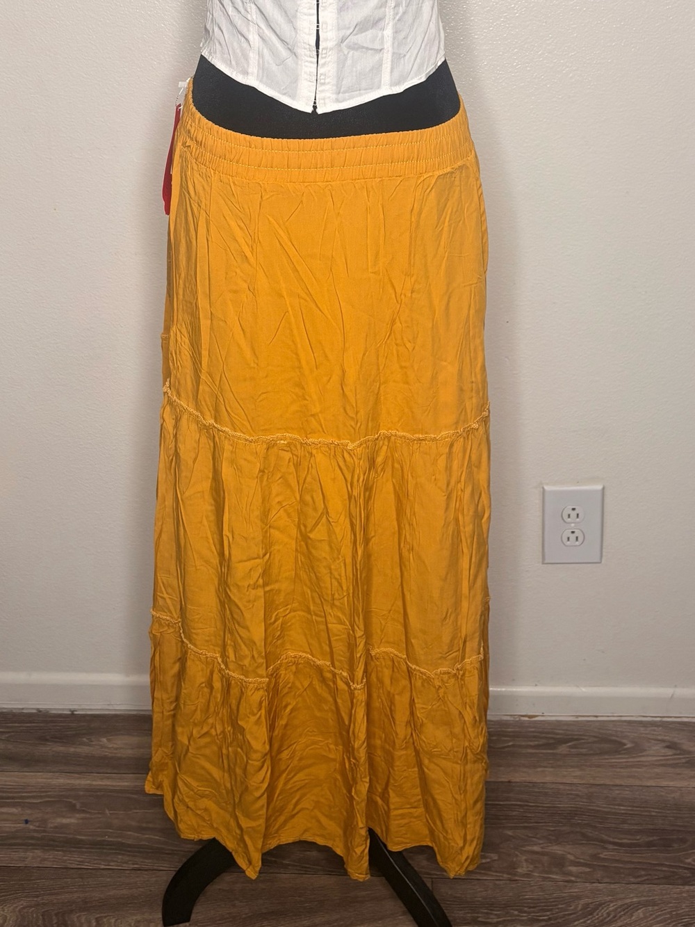 Women's Mustard Tiered Maxi Skirt with Elastic Waist NWT